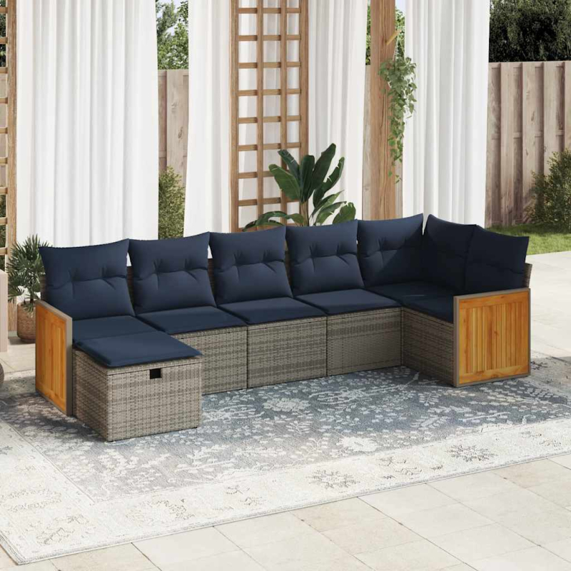 7-tlg. Garten-Sofagarnitur mit Kissen Grau Poly Rattan