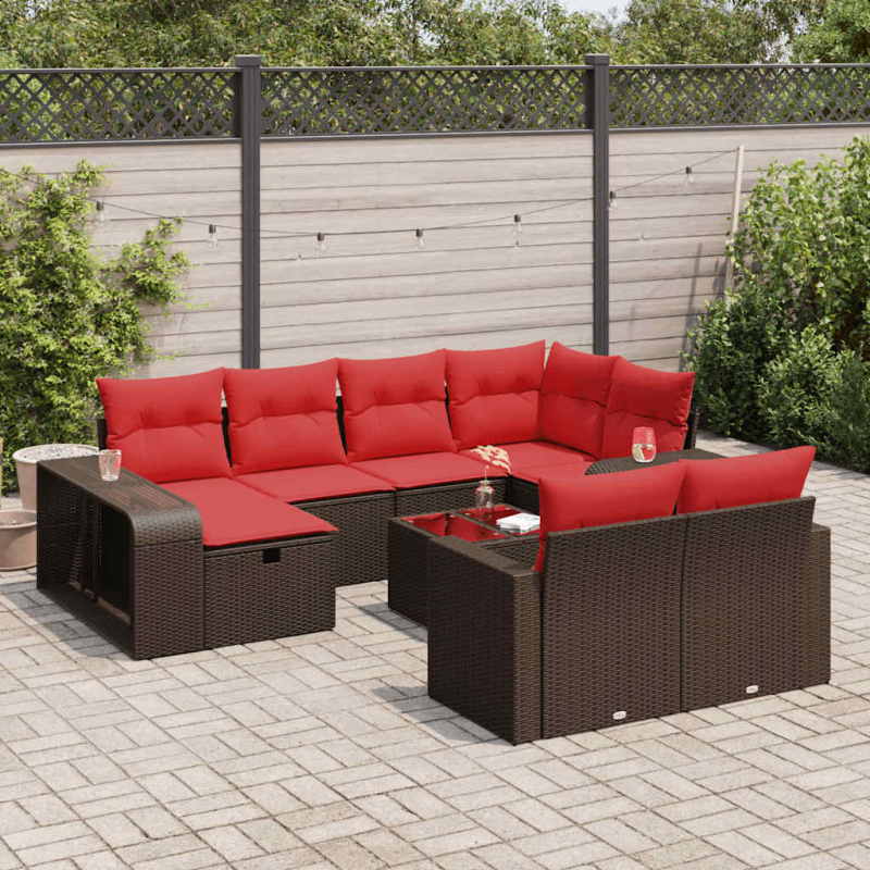 11-tlg. Garten-Sofagarnitur mit Kissen Braun Poly Rattan