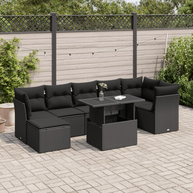 8-tlg. Garten-Sofagarnitur mit Kissen Schwarz Poly Rattan