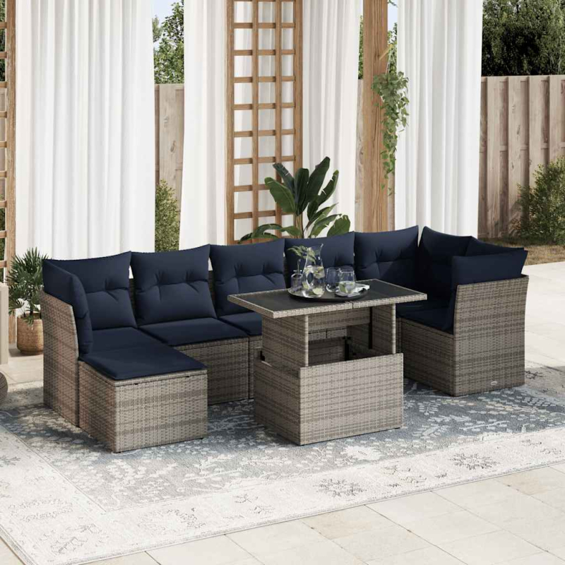 7-tlg. Garten-Sofagarnitur mit Kissen Grau Poly Rattan Akazie
