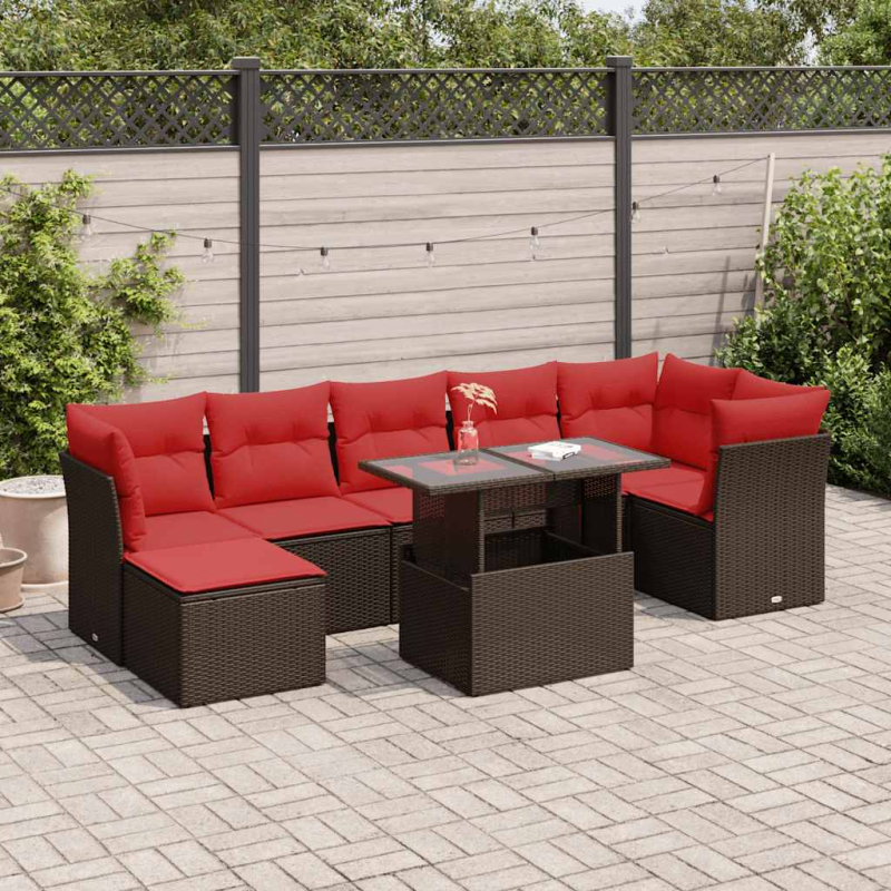 7-tlg. Garten-Sofagarnitur mit Kissen Braun Poly Rattan Akazie