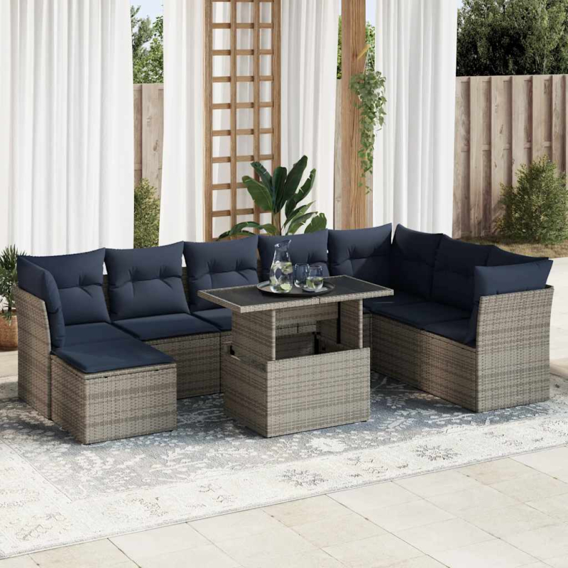 9-tlg. Garten-Sofagarnitur mit Kissen Grau Poly Rattan Akazie