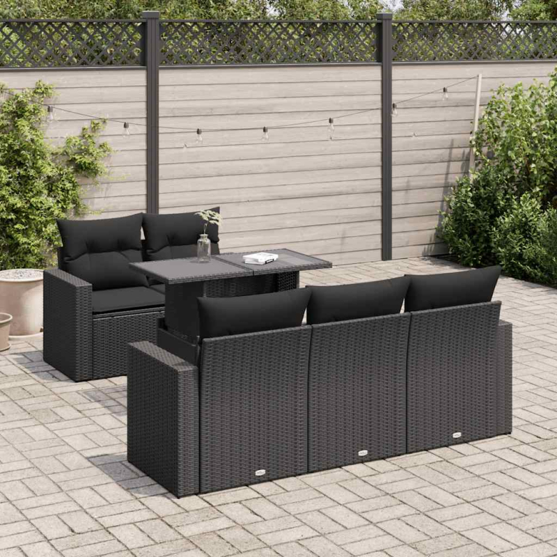 6-tlg. Garten-Sofagarnitur mit Kissen Schwarz Poly Rattan