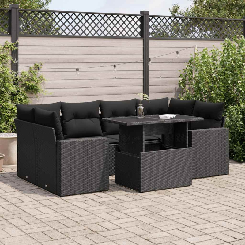 7-tlg. Garten-Sofagarnitur mit Kissen Schwarz Poly Rattan