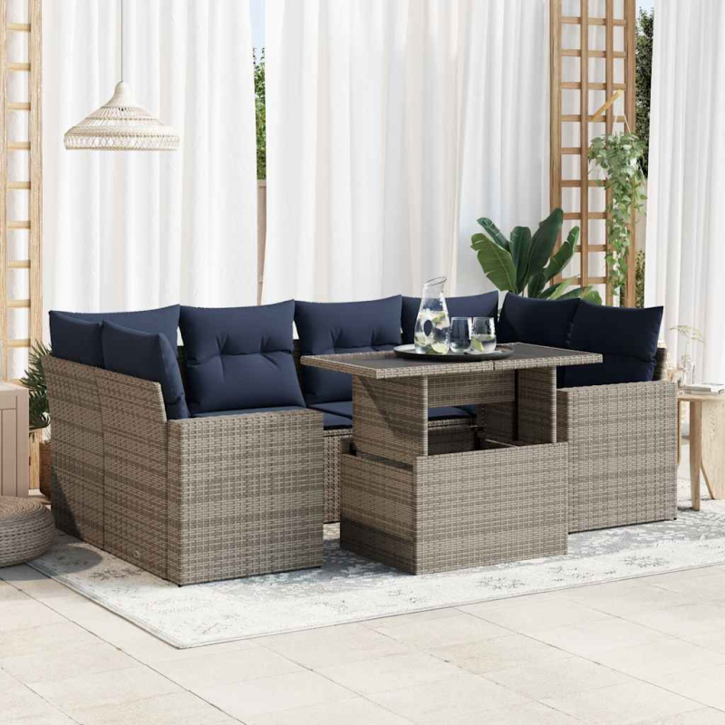 7-tlg. Garten-Sofagarnitur mit Kissen Grau Poly Rattan Akazie