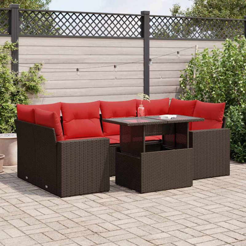 7-tlg. Garten-Sofagarnitur mit Kissen Braun Poly Rattan Akazie