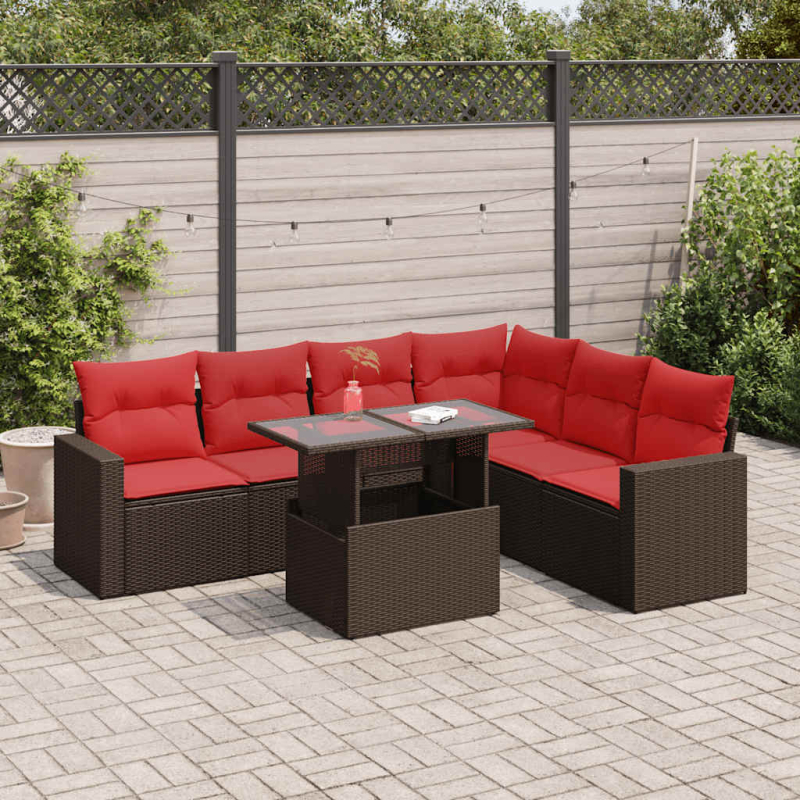 7-tlg. Garten-Sofagarnitur mit Kissen Grau Poly Rattan Akazie