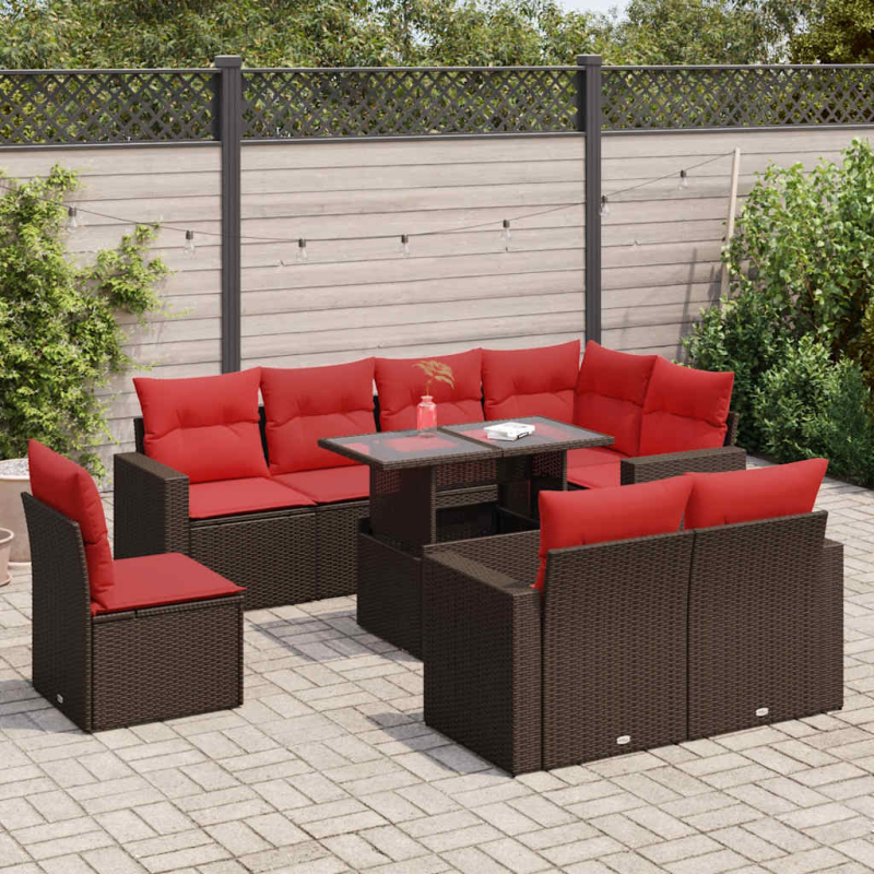 9-tlg. Garten-Sofagarnitur mit Kissen Braun Poly Rattan Akazie