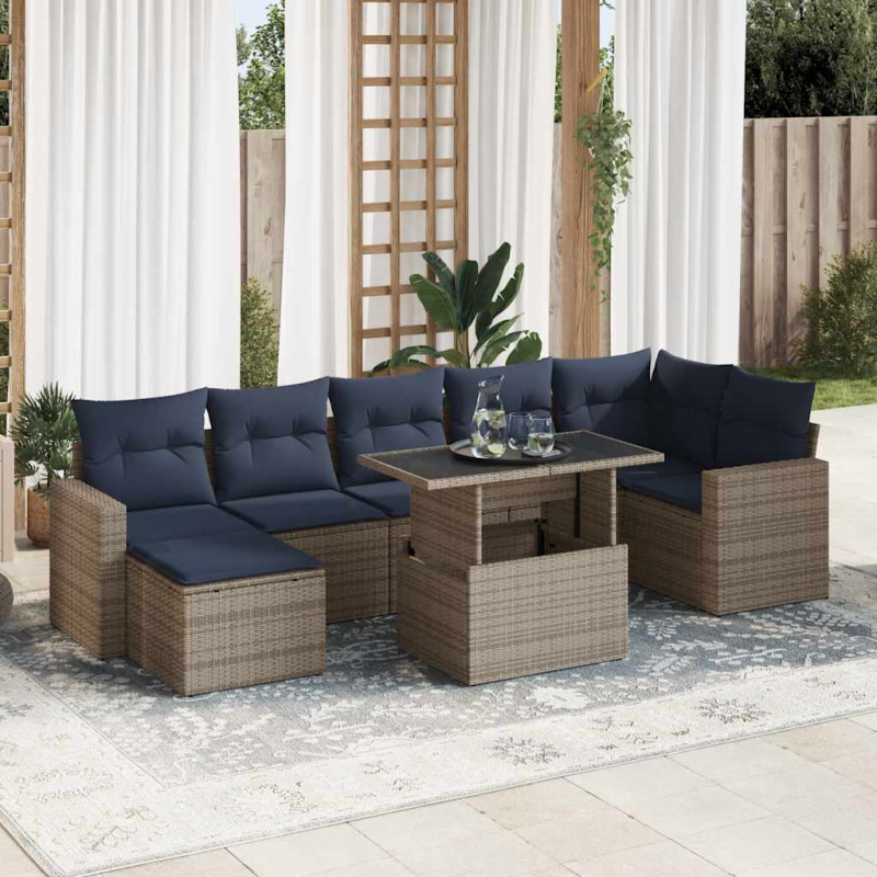 7-tlg. Garten-Sofagarnitur mit Kissen Grau Poly Rattan Akazie