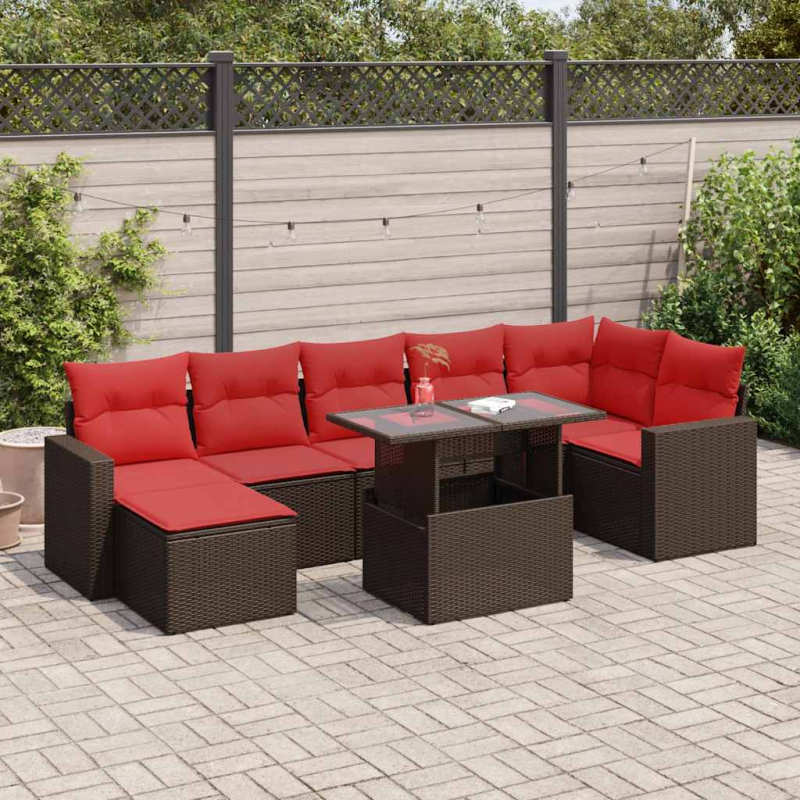 7-tlg. Garten-Sofagarnitur mit Kissen Braun Poly Rattan Akazie