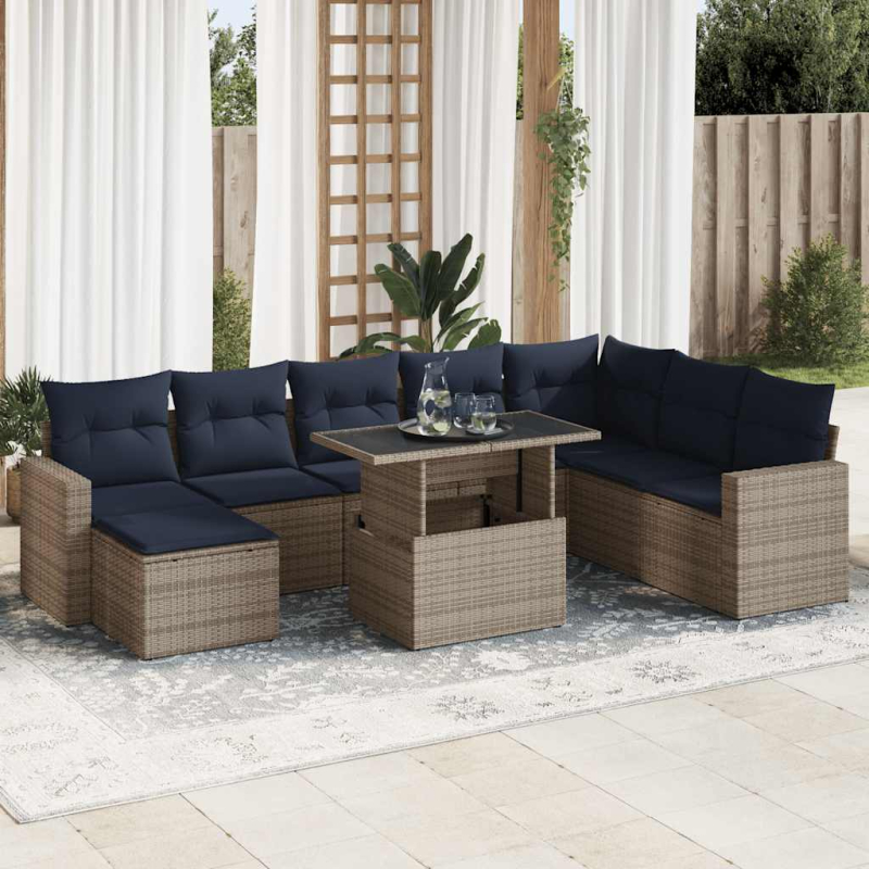 9-tlg. Garten-Sofagarnitur mit Kissen Grau Poly Rattan Akazie