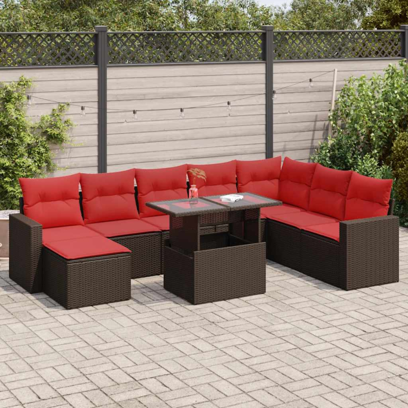 9-tlg. Garten-Sofagarnitur mit Kissen Braun Poly Rattan Akazie