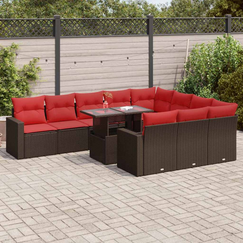 11-tlg. Garten-Sofagarnitur mit Kissen Grau Poly Rattan Akazie