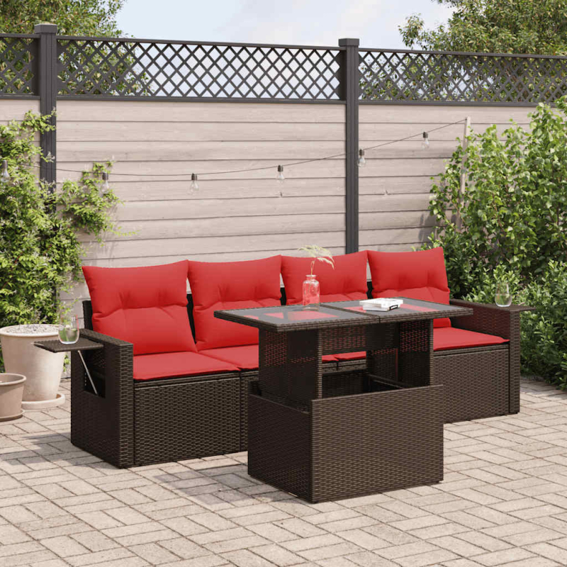 5-tlg. Garten-Sofagarnitur mit Kissen Grau Poly Rattan Akazie