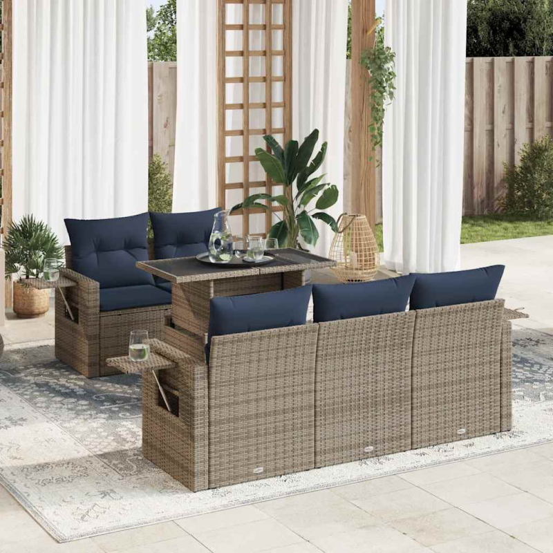 6-tlg. Garten-Sofagarnitur mit Kissen Schwarz Poly Rattan