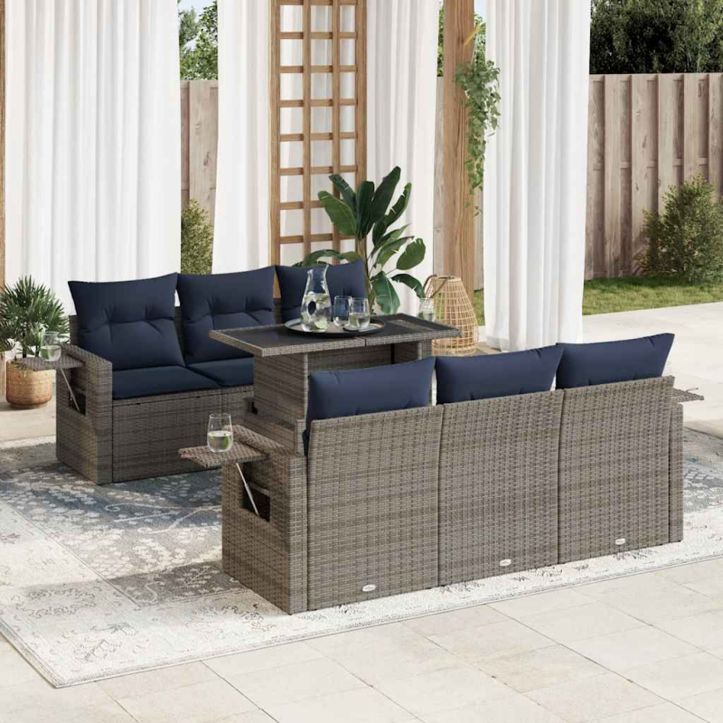 7-tlg. Garten-Sofagarnitur mit Kissen Schwarz Poly Rattan