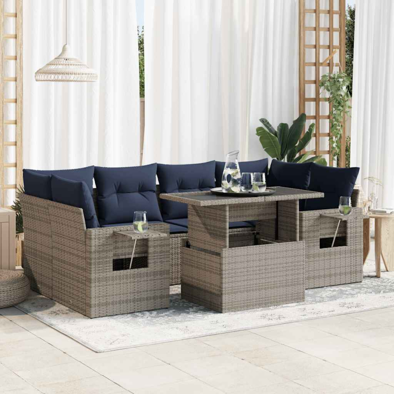 7-tlg. Garten-Sofagarnitur mit Kissen Schwarz Poly Rattan