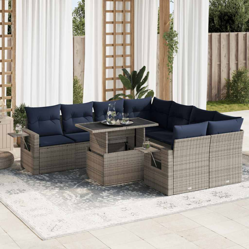9-tlg. Garten-Sofagarnitur mit Kissen Schwarz Poly Rattan
