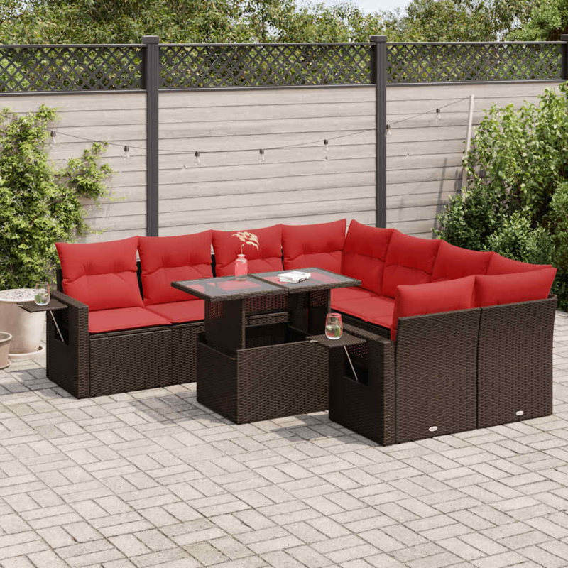 9-tlg. Garten-Sofagarnitur mit Kissen Grau Poly Rattan Akazie