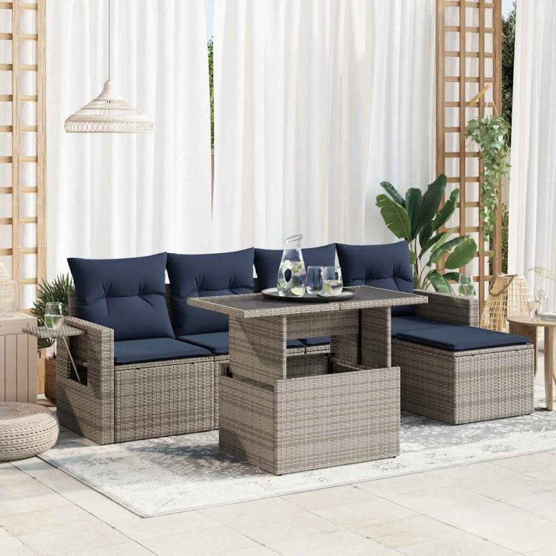 6-tlg. Garten-Sofagarnitur mit Kissen Schwarz Poly Rattan