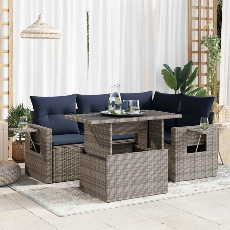 5tlg. Garten-Sofagarnitur mit Kissen Schwarz Poly Rattan Akazie