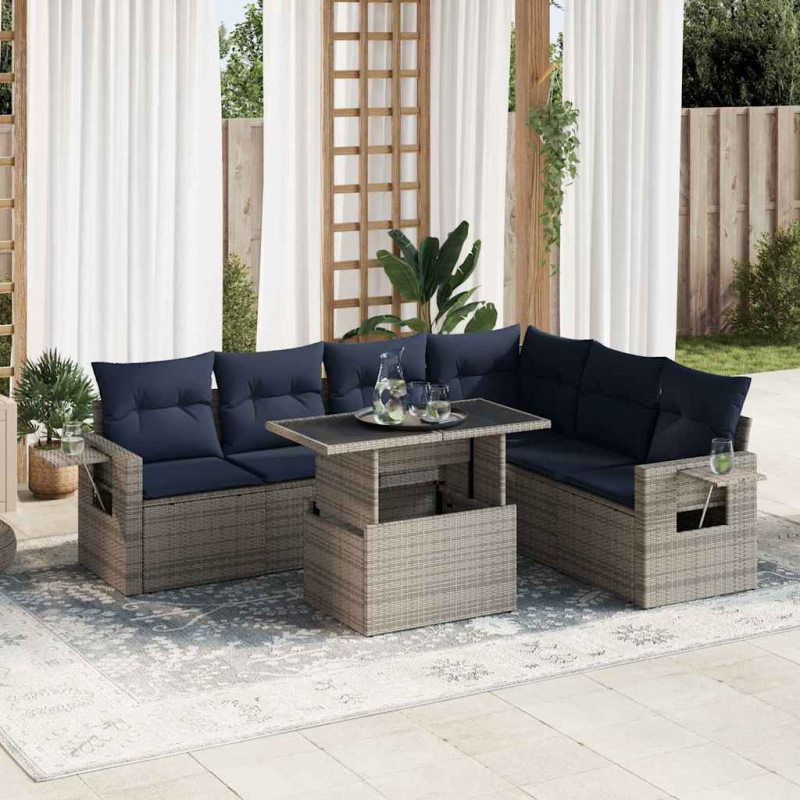 7-tlg. Garten-Sofagarnitur mit Kissen Schwarz Poly Rattan