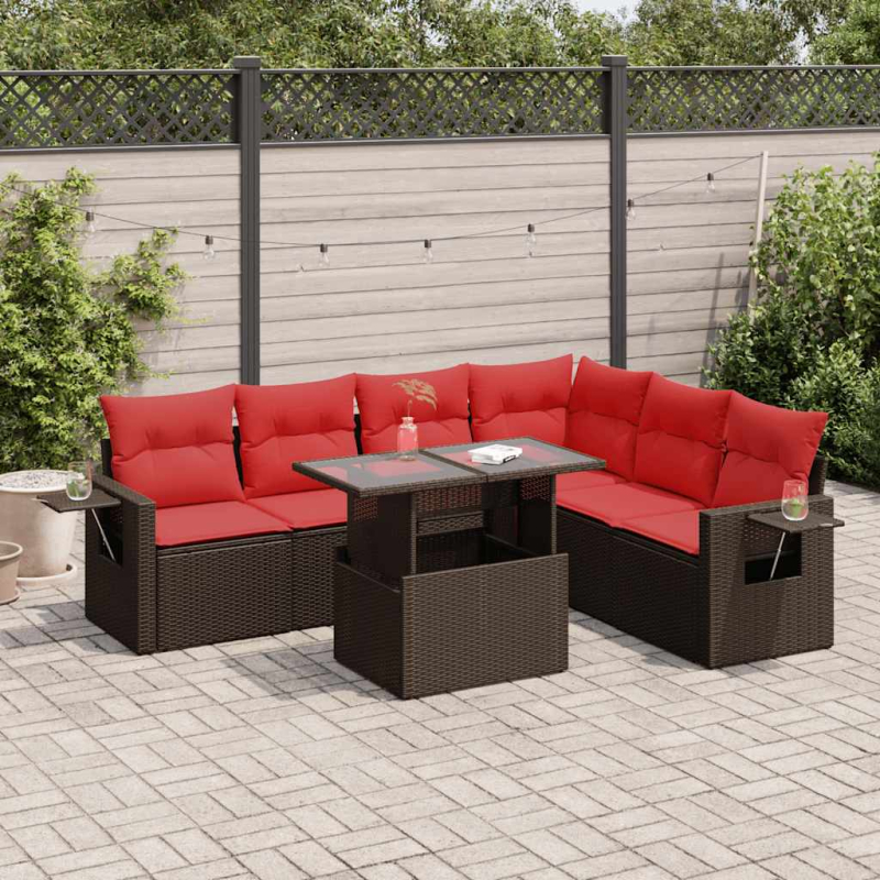 7-tlg. Garten-Sofagarnitur mit Kissen Grau Poly Rattan Akazie