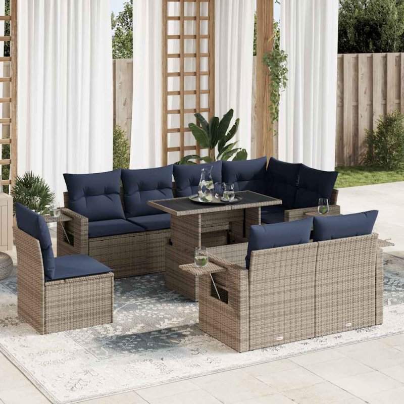 9-tlg. Garten-Sofagarnitur mit Kissen Braun Poly Rattan Akazie