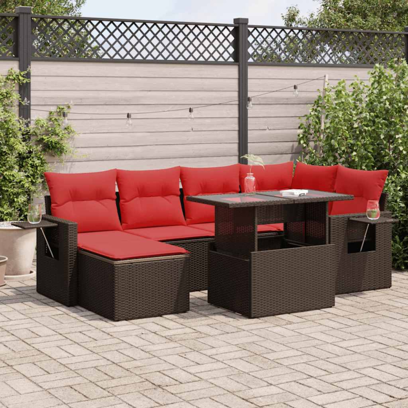 7-tlg. Garten-Sofagarnitur mit Kissen Braun Poly Rattan Akazie