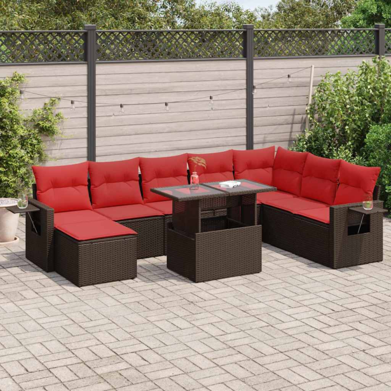 9-tlg. Garten-Sofagarnitur mit Kissen Braun Poly Rattan Akazie
