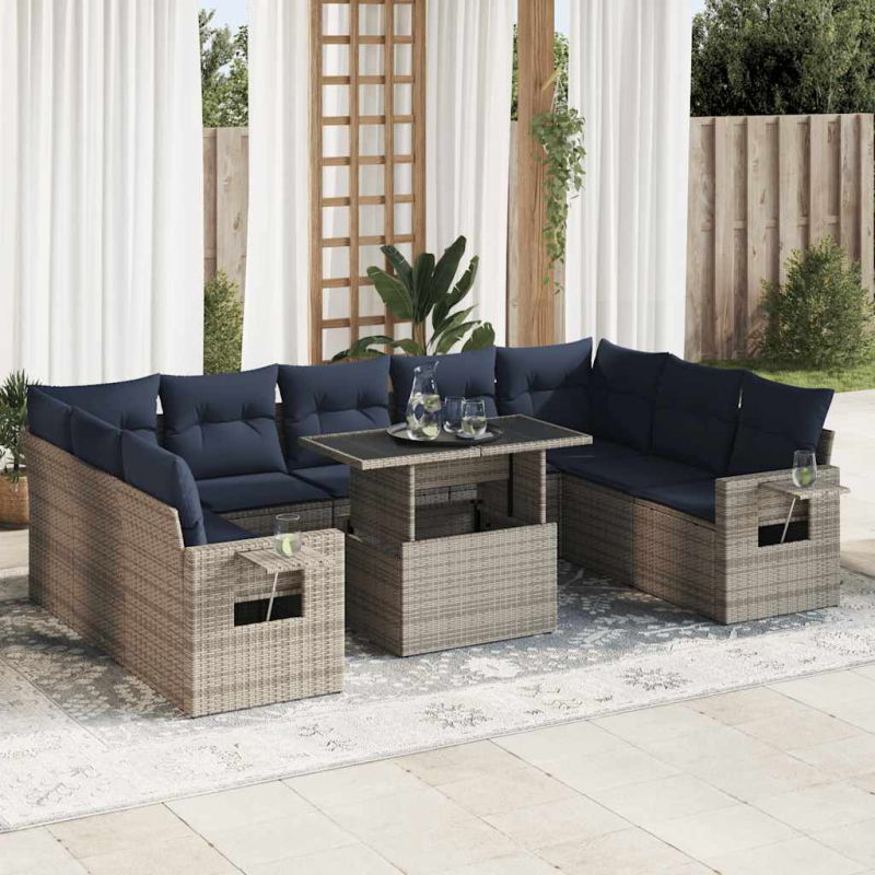 10-tlg. Garten-Sofagarnitur mit Kissen Grau Poly Rattan Akazie