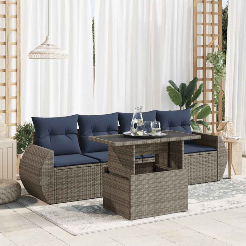 5-tlg. Garten-Sofagarnitur mit Kissen Grau Poly Rattan Akazie