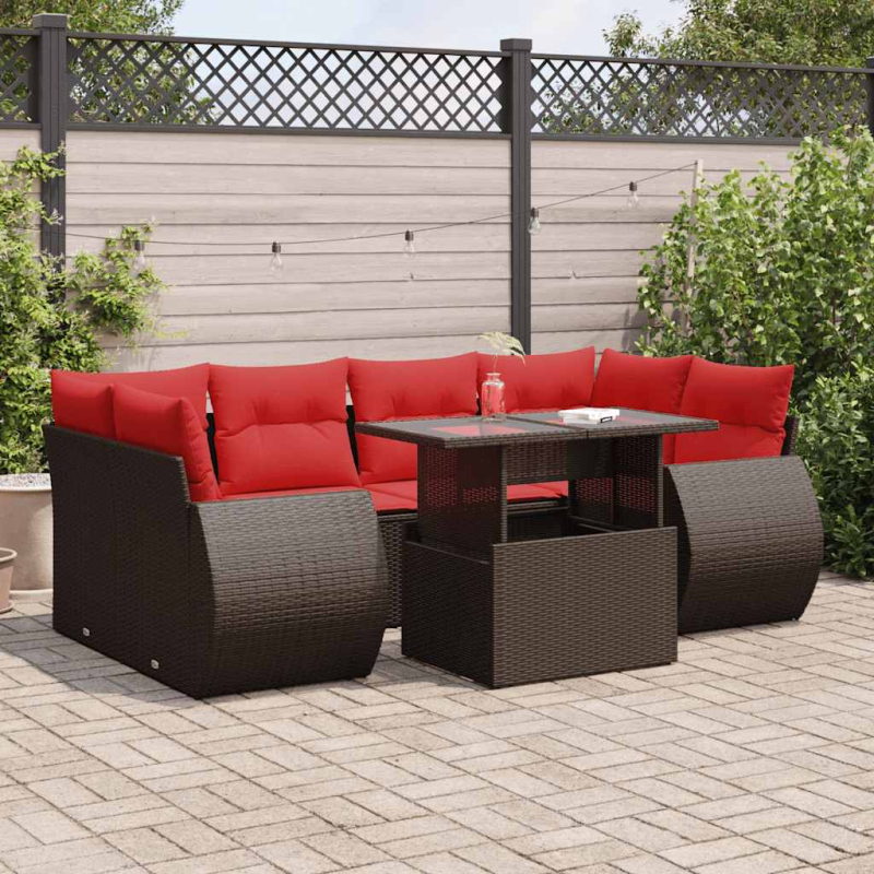 7-tlg. Garten-Sofagarnitur mit Kissen Braun Poly Rattan Akazie