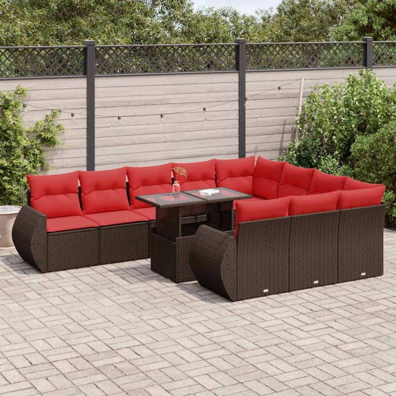 11-tlg. Garten-Sofagarnitur mit Kissen Braun Poly Rattan Akazie