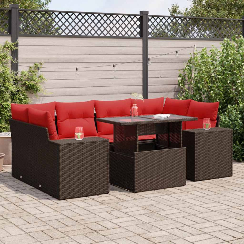 7-tlg. Garten-Sofagarnitur mit Kissen Braun Poly Rattan Akazie