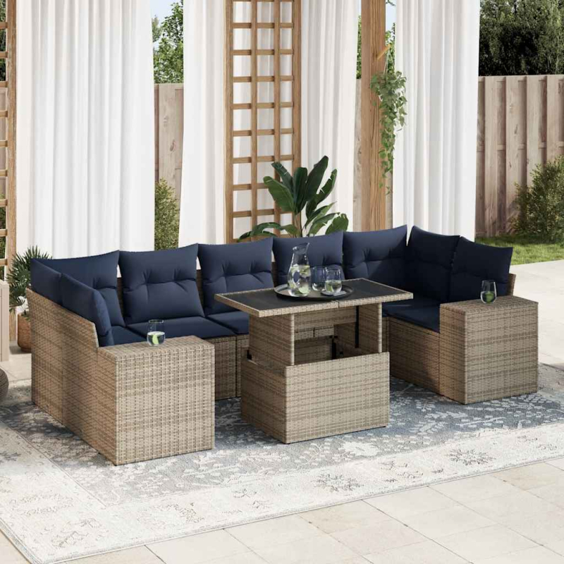 8-tlg. Garten-Sofagarnitur mit Kissen Grau Poly Rattan Akazie