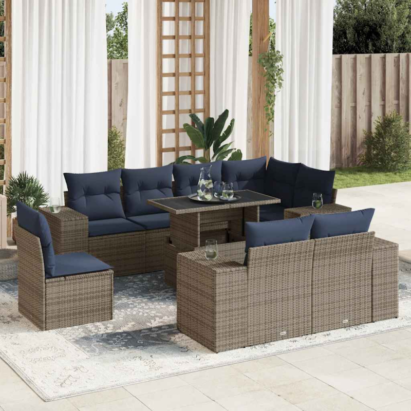 16-tlg. Garten-Sofagarnitur mit Kissen Grau Poly Rattan Akazie