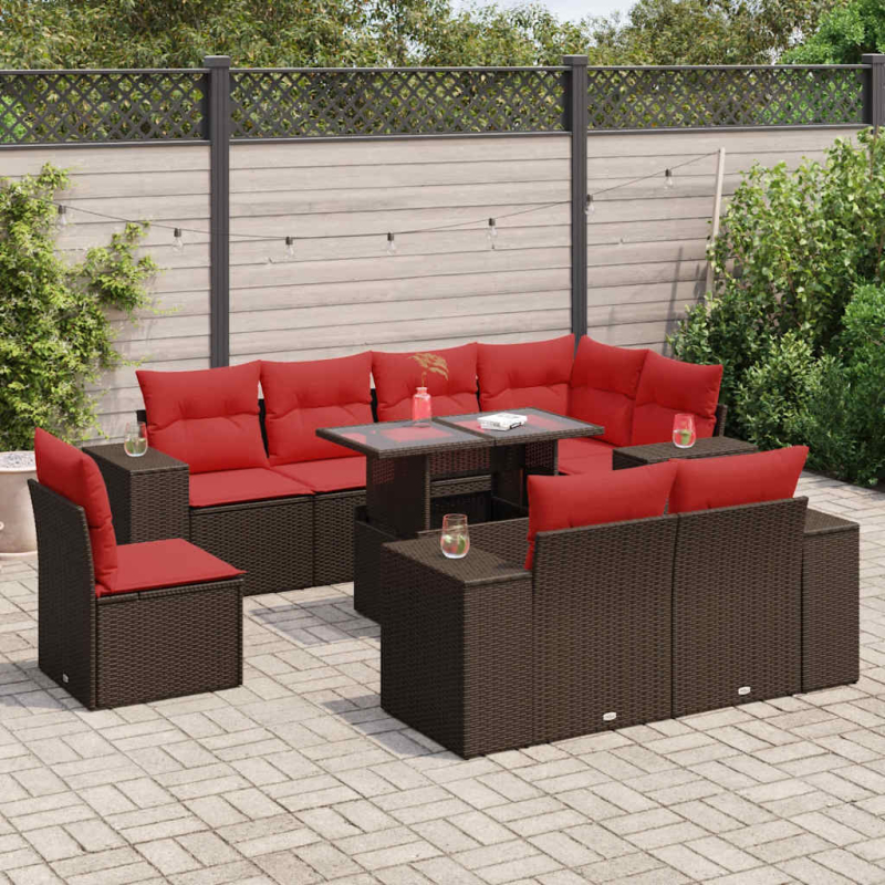 9-tlg. Garten-Sofagarnitur mit Kissen Braun Poly Rattan Akazie