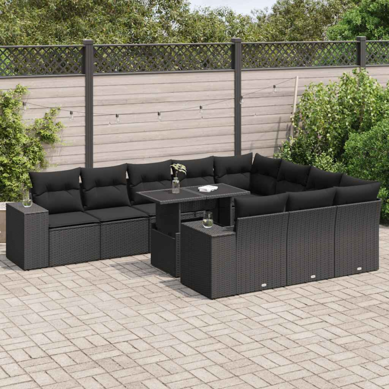 11-tlg. Garten-Sofagarnitur mit Kissen Schwarz Poly Rattan