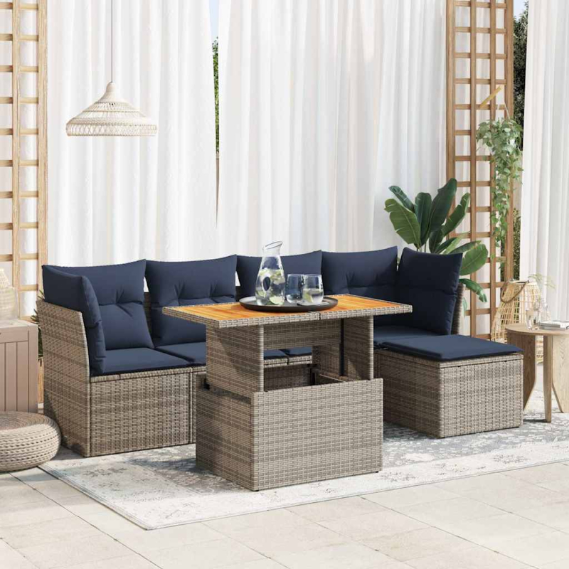 6-tlg. Garten-Sofagarnitur mit Kissen Grau Poly Rattan