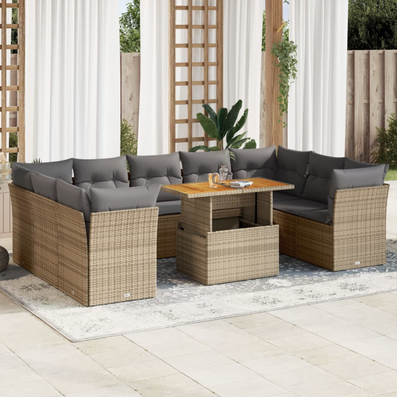 10-tlg. Garten-Sofagarnitur mit Kissen Beige Poly Rattan