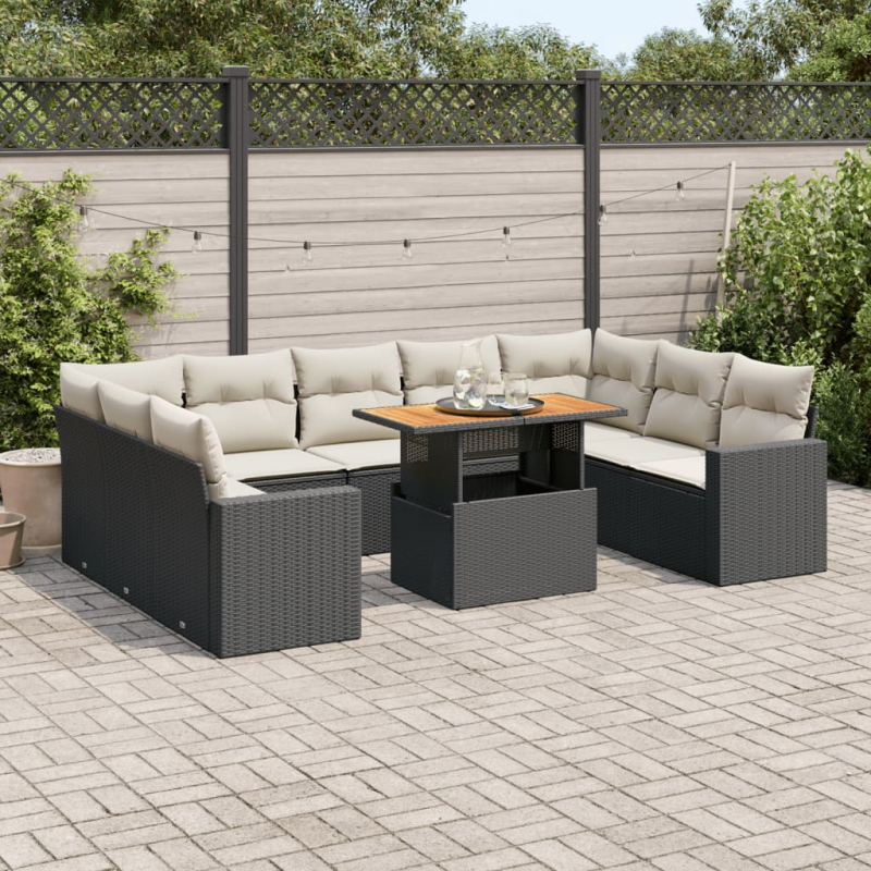 10-tlg. Garten-Sofagarnitur mit Kissen Schwarz Poly Rattan