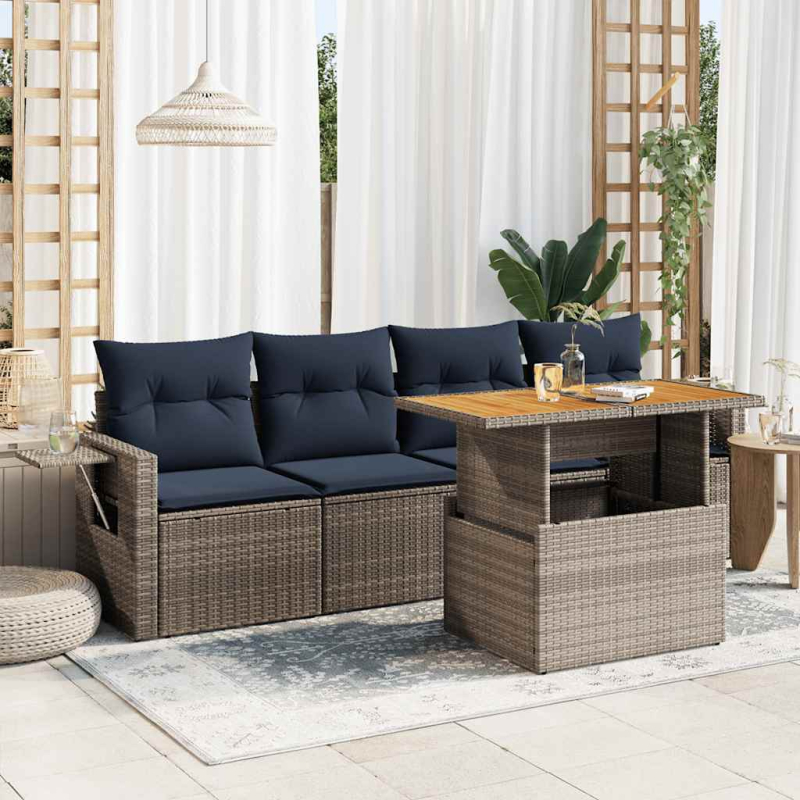 5-tlg. Garten-Sofagarnitur mit Kissen Grau Poly Rattan