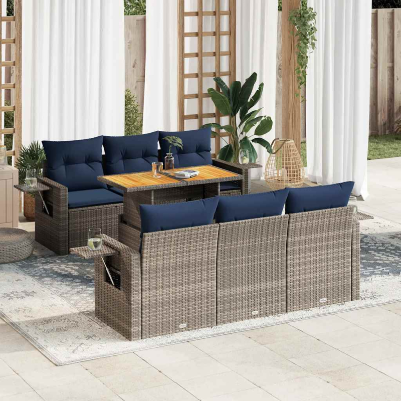 7-tlg. Garten-Sofagarnitur mit Kissen Grau Poly Rattan