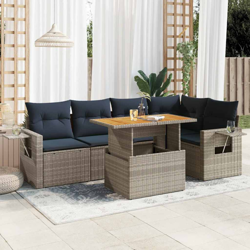 6-tlg. Garten-Sofagarnitur mit Kissen Grau Poly Rattan