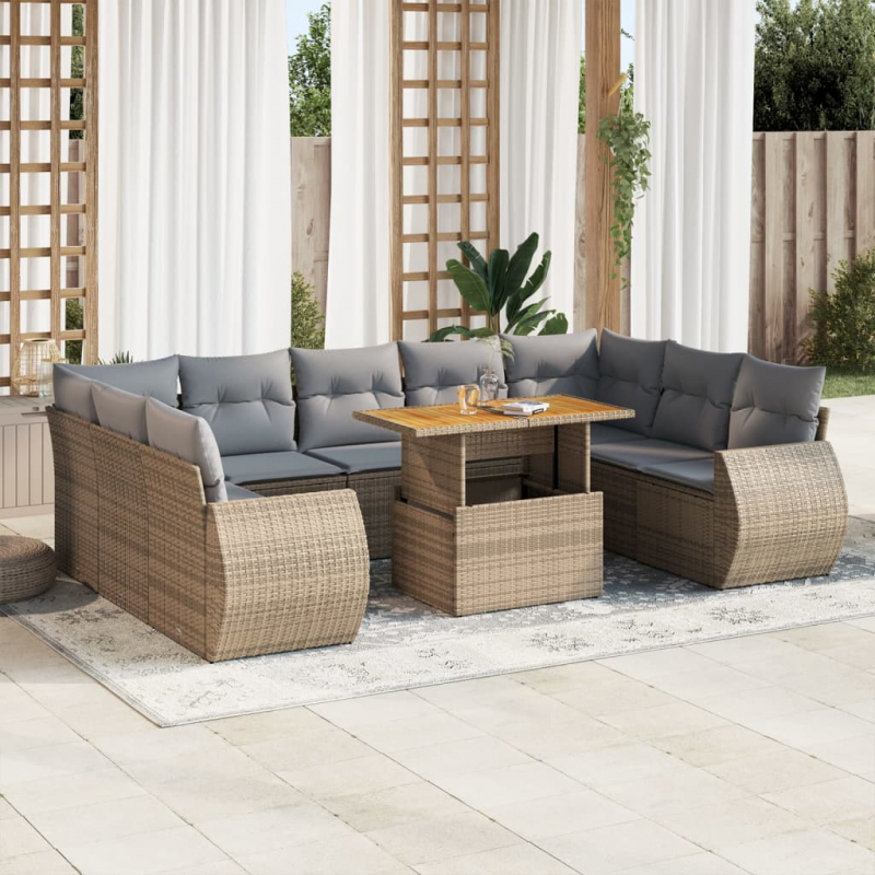 10-tlg. Garten-Sofagarnitur mit Kissen Beige Poly Rattan