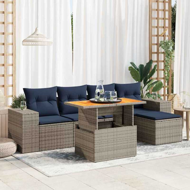 6-tlg. Garten-Sofagarnitur mit Kissen Grau Poly Rattan