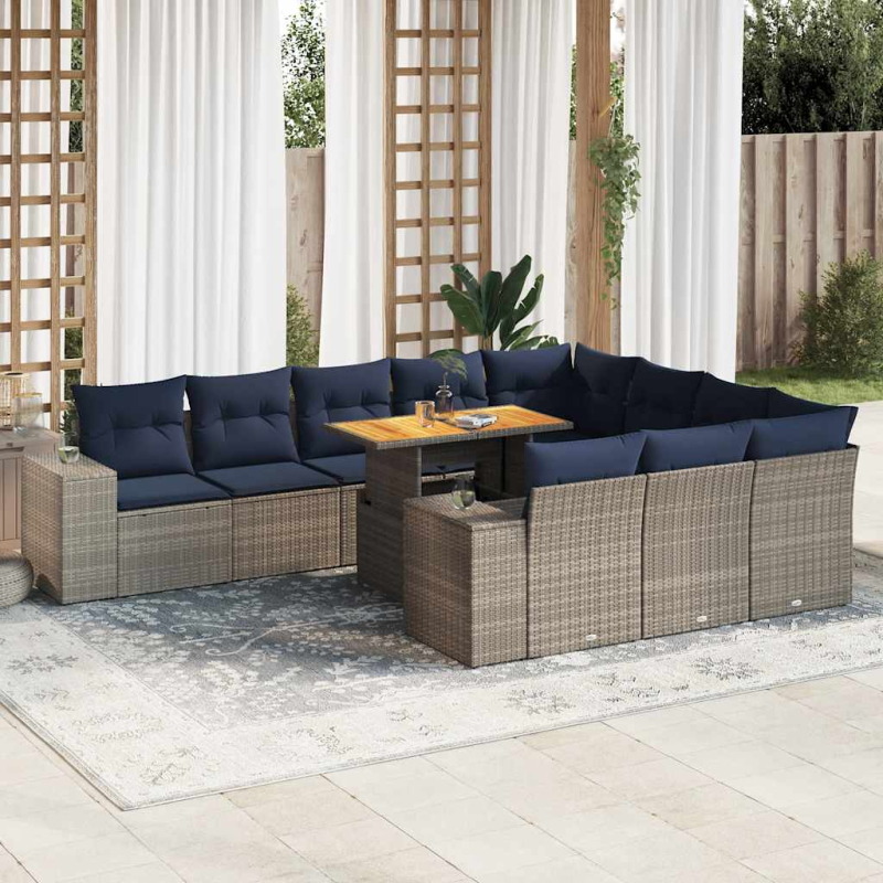 11-tlg. Garten-Sofagarnitur mit Kissen Grau Poly Rattan