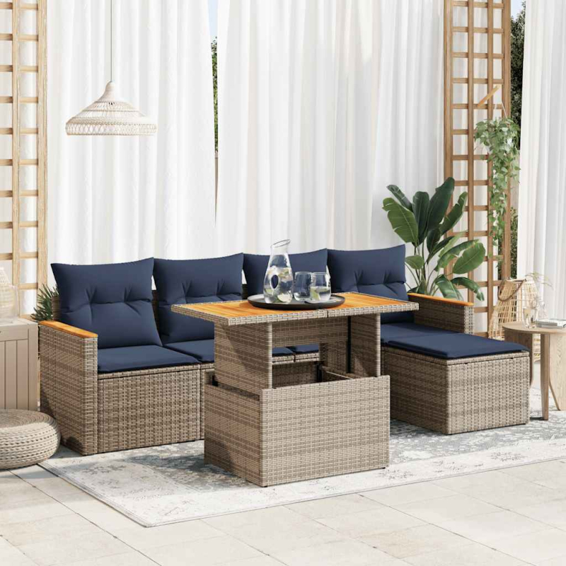 6-tlg. Garten-Sofagarnitur mit Kissen Grau Poly Rattan
