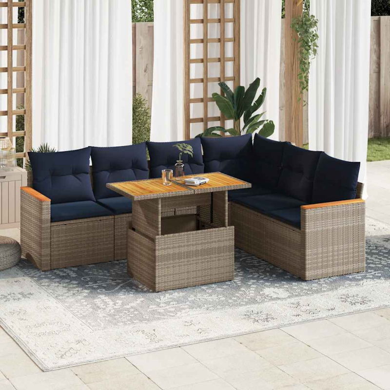 7-tlg. Garten-Sofagarnitur mit Kissen Grau Poly Rattan